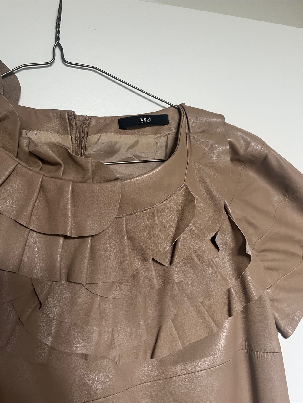 BOSS Taupe Ruffled Leather Short-Sleeve Blouse